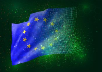 Imagen de la bandera de la Unión Europea, en 3D sobre fondo verde con polígonos y números de datos
