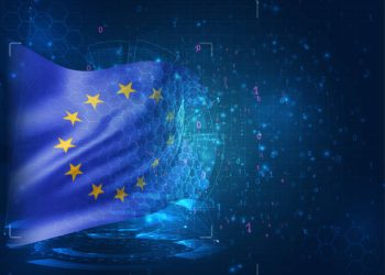 Imagen de la bandera de la Unión Europea en 3D sobre fondo azul con números y polígonos en forma de panal