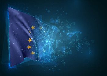 Imagen de la bandera de la Unión Europea en 3D como fragmentándose en triángulos